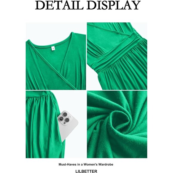 Women Bright Green Deep V Neck Sleeveless Loose Plain Long Maxi Stretchy Dress - Picture 3 of 6